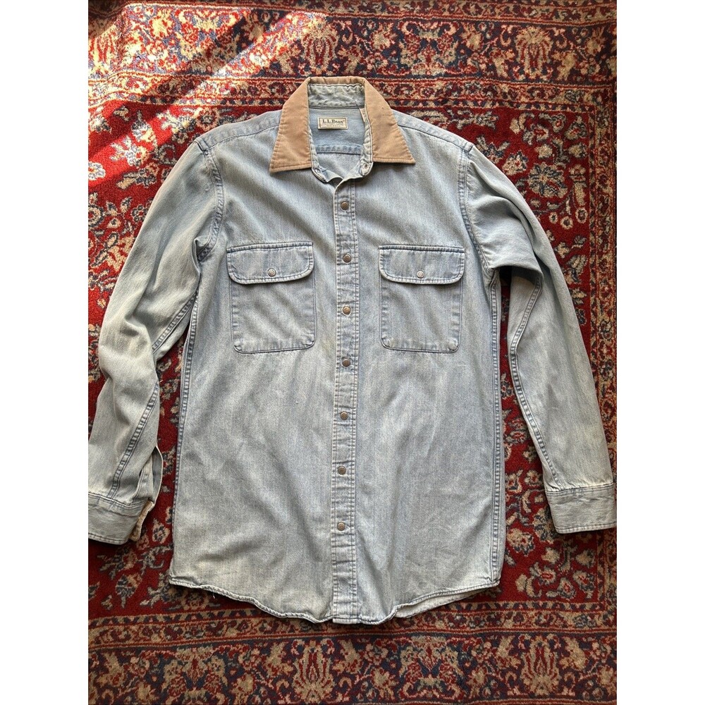 Vintage L.L. Bean Denim Field Shirt Corduroy Collar Cuffs Med Tall Made in USA